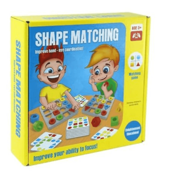 Jeu éducatif pour enfants appelé "Shape Matching" (Association de Formes) pour l'âge 3+, visant à améliorer la coordination œil-main, avec des planches de jeu, des cartes de défi et des pièces de formes colorées (carrés, cercles, triangles, hexagones).