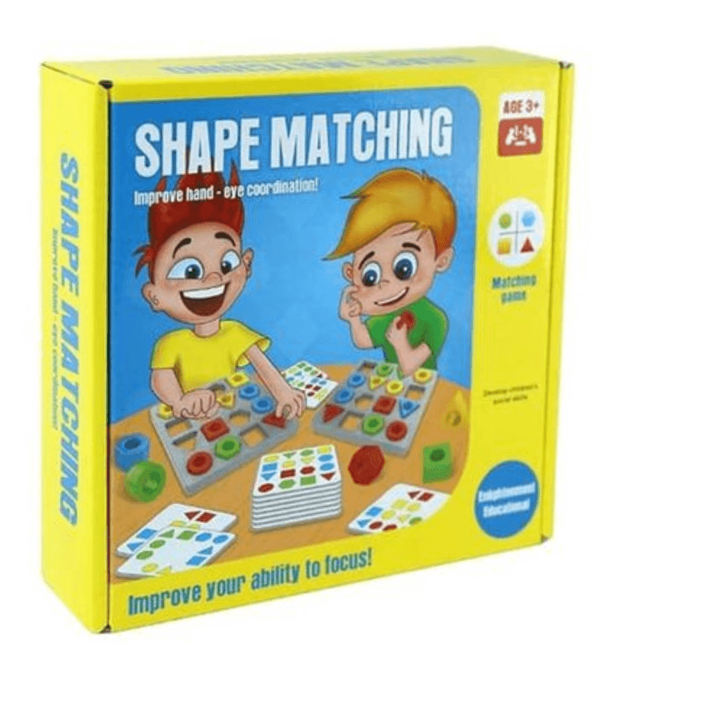 Jeu Éducatif Shape Matching (2) Jeu éducatif pour enfants appelé "Shape Matching" (Association de Formes) pour l'âge 3+, visant à améliorer la coordination œil-main, avec des planches de jeu, des cartes de défi et des pièces de formes colorées (carrés, cercles, triangles, hexagones).