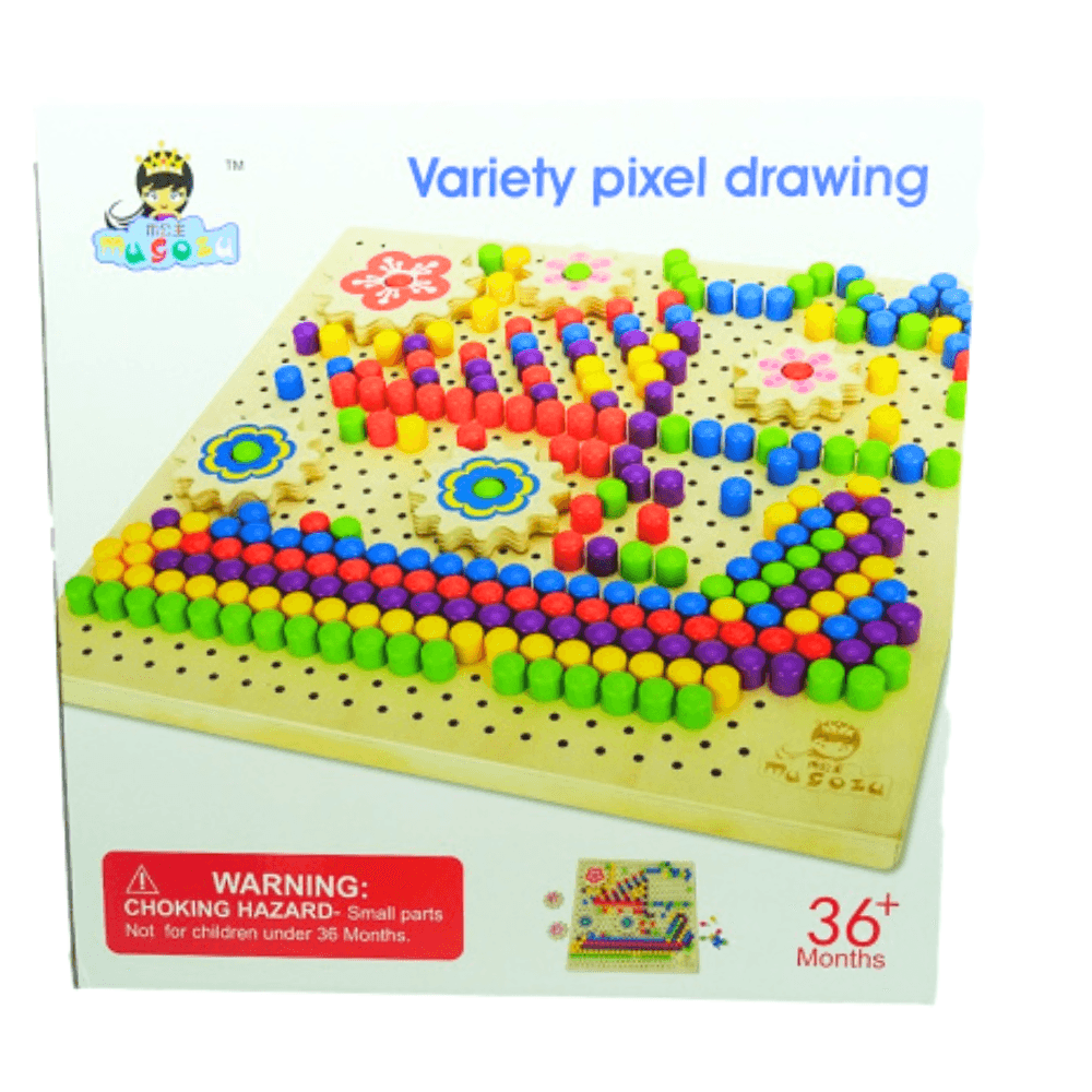 Jeu de Pixel Art pour Enfants 3+ – Planche de Pixel Art Éducative (2) Boîte de jeu de Pixel art pour enfants , "Variété pixel drawing" de la marque Magosla. Elle présente un tableau perforé sur lequel sont insérées des chevilles colorées (vert, rouge, bleu, jaune, violet) formant un motif de fleurs et de formes géométriques. Un avertissement de sécurité indique "CHOKING HAZARD - Small parts, Not for children under 36 Months" et l'âge recommandé est "36+ Months".