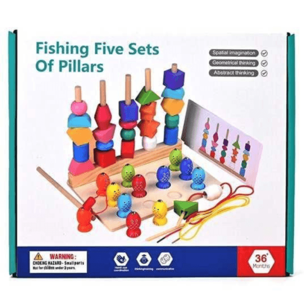 Jeu éducatif en bois Montessori avec pêche magnétique et formes géométriques colorées pour enfants dès 3 ans.