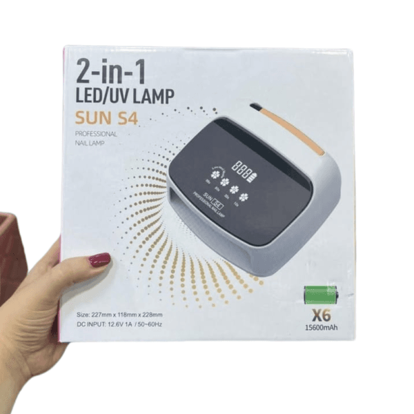 Lampe à ongles professionnelle SUN S4 2-en-1 LED et UV avec affichage numérique et batterie rechargeable pour séchage rapide des gels.
