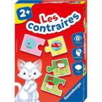 Boîte du jeu éducatif "Les Contraires" de Ravensburger pour enfants dès 2 ans, avec des illustrations de puzzles représentant des opposés comme petit/grand et dessus/dessous.