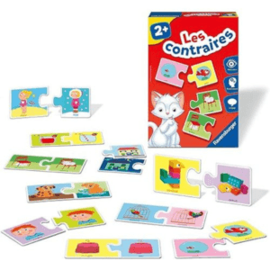 Boîte du jeu éducatif "Les Contraires" de Ravensburger pour enfants dès 2 ans, avec des illustrations de puzzles représentant des opposés comme petit/grand et dessus/dessous.