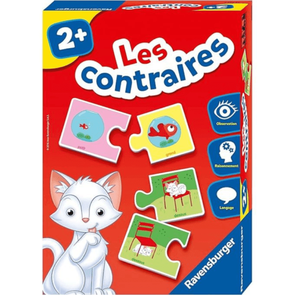 Boîte du jeu éducatif "Les Contraires" de Ravensburger pour enfants dès 2 ans, avec des illustrations de puzzles représentant des opposés comme petit/grand et dessus/dessous.