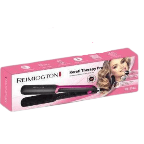 Lisseur REIMIOGTON, modèle Kerati Therapy Pro RE-3822, affichant le produit et une femme souriante avec des cheveux ondulés.