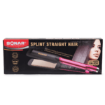 La boîte d'un lisseur SONAR Splint Straight Hair, modèle SN-826, est présentée. La boîte noire et rouge met en avant l'appareil rose sur la droite et une femme aux cheveux lisses.