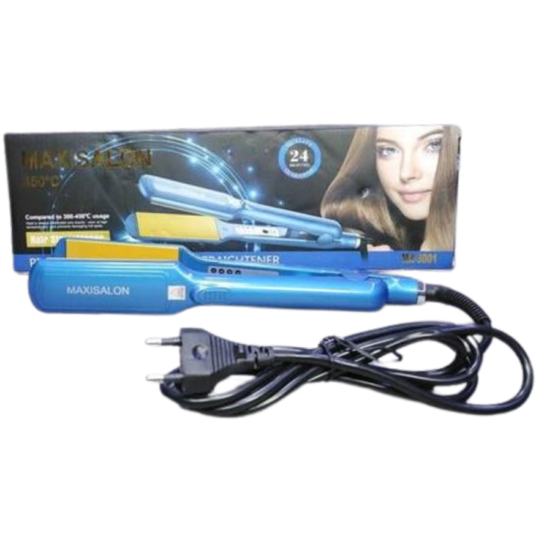 Lisseur à cheveux professionnel MAXISALON MS-0001 bleu avec plaques céramiques et câble rotatif, idéal pour un lissage rapide et soyeux.
