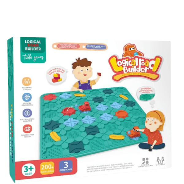 Jeu de construction logique plateau éducatif Logical Road Builder pour enfants, montrant une boîte verte et blanche avec un plateau de construction de pistes modulaire, des blocs colorés, deux enfants qui jouent, et les indications : "3+ Âges", "200+ Niveaux", "3 Modes de jeu".