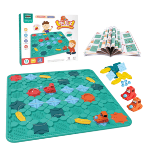 Jeu de plateau éducatif Logical Road Builder pour enfants, montrant une boîte verte et blanche avec un plateau de construction de pistes modulaire, des blocs colorés, deux enfants qui jouent, et les indications : "3+ Âges", "200+ Niveaux", "3 Modes de jeu".