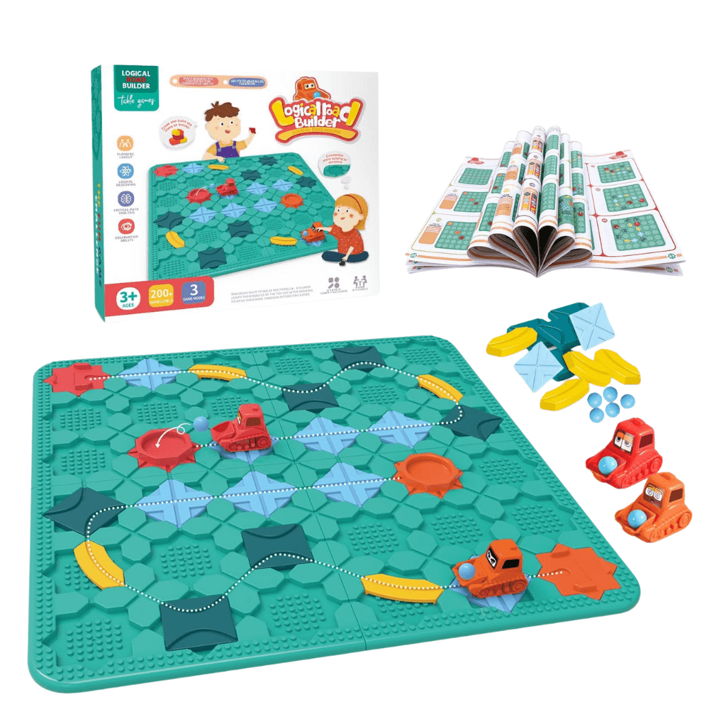 Logical Road Builder – Jeu de Construction Logique STEM Jeu de plateau éducatif Logical Road Builder pour enfants, montrant une boîte verte et blanche avec un plateau de construction de pistes modulaire, des blocs colorés, deux enfants qui jouent, et les indications : "3+ Âges", "200+ Niveaux", "3 Modes de jeu".