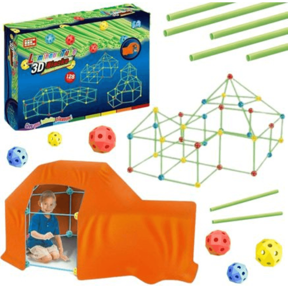 Luminous Tube 3D Blocks (2) Boîte de jeu de construction pour enfants "Luminous Tube 3D Blocks" avec des pailles vertes phosphorescentes et des connecteurs en forme de boules, illustrant diverses structures géométriques en 3D.