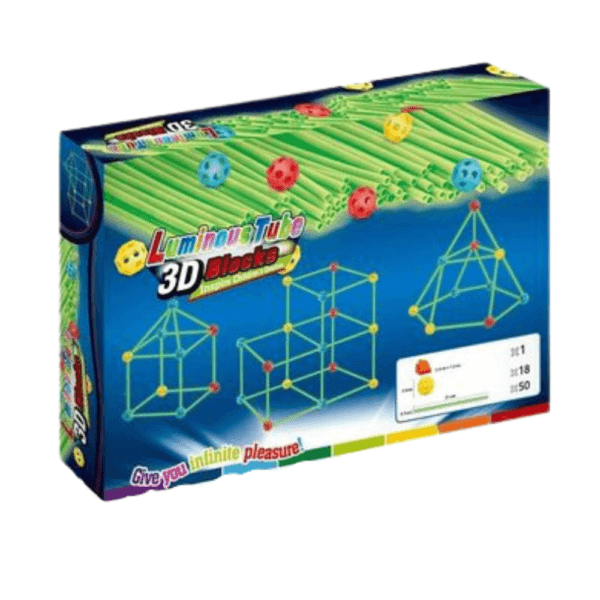 Boîte de jeu de construction pour enfants "Luminous Tube 3D Blocks" avec des pailles vertes phosphorescentes et des connecteurs en forme de boules, illustrant diverses structures géométriques en 3D.
