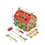 Maison éducative multifonction en bois pour enfants avec activités ludiques et outils de manipulation.