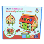 Jeu de construction maison éducative multifonction en bois pour enfants avec activités ludiques et outils de manipulation.