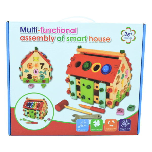 Jeu de construction maison éducative multifonction en bois pour enfants avec activités ludiques et outils de manipulation.