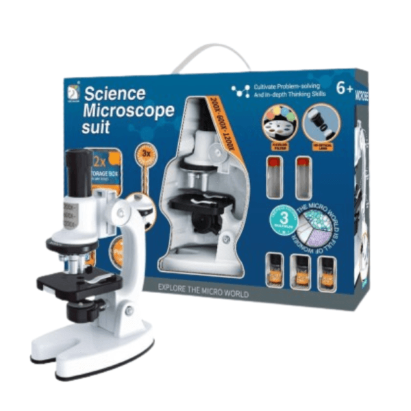 Microscope scientifique jouet blanc avec objectif optique HD et filtre de couleur 4 positions.