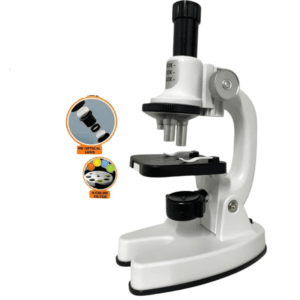 Microscope scientifique jouet blanc avec objectif optique HD et filtre de couleur 4 positions.