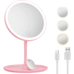 Miroir de maquillage lumineux sur pied avec éclairage LED réglable, trois modes de lumière, miroir grossissant 5x et base rose élégante avec recharge USB-C.