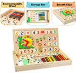 Boîte d'apprentissage éducative multifonctionnelle en bois pour enfants (Multi Functional Digital Computing Learning Box) de marque Kidimuz, montrant des bâtonnets de comptage, des chiffres, une horloge pédagogique et un tableau noir. L'avertissement de risque d'étouffement est visible.