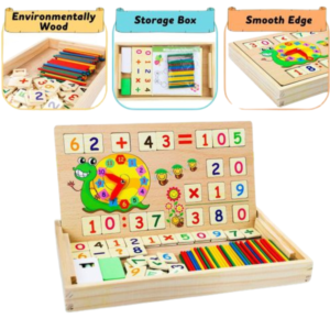 Boîte d'apprentissage éducative multifonctionnelle en bois pour enfants (Multi Functional Digital Computing Learning Box) de marque Kidimuz, montrant des bâtonnets de comptage, des chiffres, une horloge pédagogique et un tableau noir. L'avertissement de risque d'étouffement est visible.