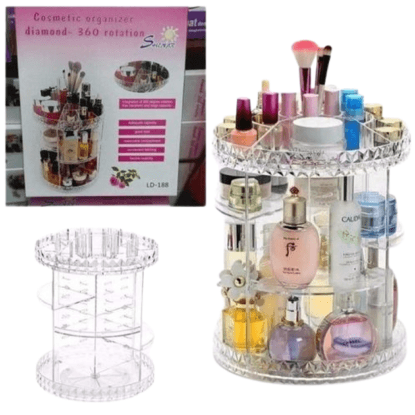 Organisateur de cosmétiques transparent en acrylique avec effet diamant, multi-niveaux et rotation à 360°, avec compartiments ajustables pour maquillage, parfums et pinceaux