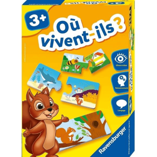 Boîte du jeu éducatif « Où vivent-ils ? » de Ravensburger, jeu d’association pour enfants dès 3 ans sur les animaux et leurs habitats.