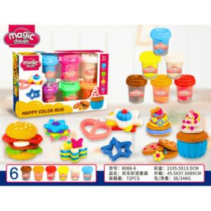 Coffret de pâte à modeler Magic Dough – Happy Color Mud contenant six pots de pâte colorée, des emporte-pièces en forme d’étoile, cœur et fleur, ainsi que des idées de créations ludiques pour enfants dès 3 ans.