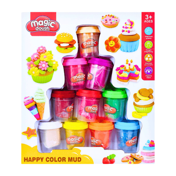 Coffret de pâte à modeler Magic Dough – Happy Color Mud contenant six pots de pâte colorée, des emporte-pièces en forme d’étoile, cœur et fleur, ainsi que des idées de créations ludiques pour enfants dès 3 ans.