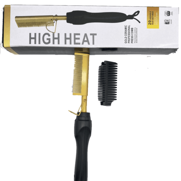 Peigne chauffant professionnel en céramique dorée avec température réglable pour lisser les cheveux épais, bouclés ou crépus.