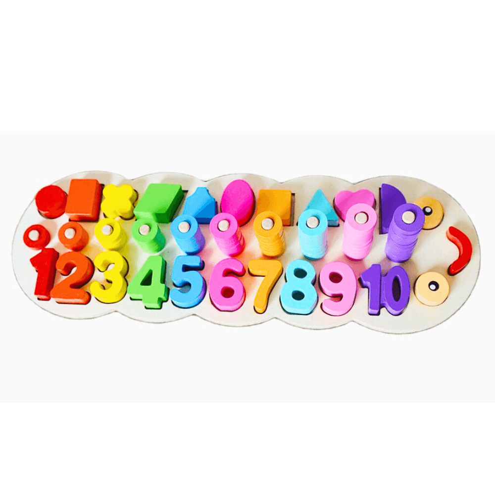 Planche Logarithmique Boîte en carton rectangulaire d'un jouet éducatif en bois pour enfants. Le nom du produit en anglais est : "Two - one logarithmic plate of caterpillar" (Planche logarithmique chenille deux-en-un).