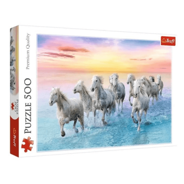 Puzzle Trefl 500 pièces représentant des chevaux blancs au galop dans la mer au coucher du soleil. La boîte est blanche avec l'image sur le devant et la mention 'PUZZLE 500 Premium Quality' sur le côté.