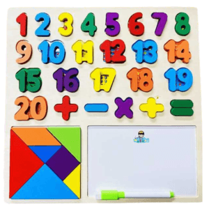 Puzzle éducatif en bois 3-en-1 montrant des chiffres colorés de 1 à 20 avec symboles mathématiques (+, -, $\times$, $\div$, =), un tangram géométrique coloré de sept pièces, et un tableau blanc effaçable avec un marqueur vert.