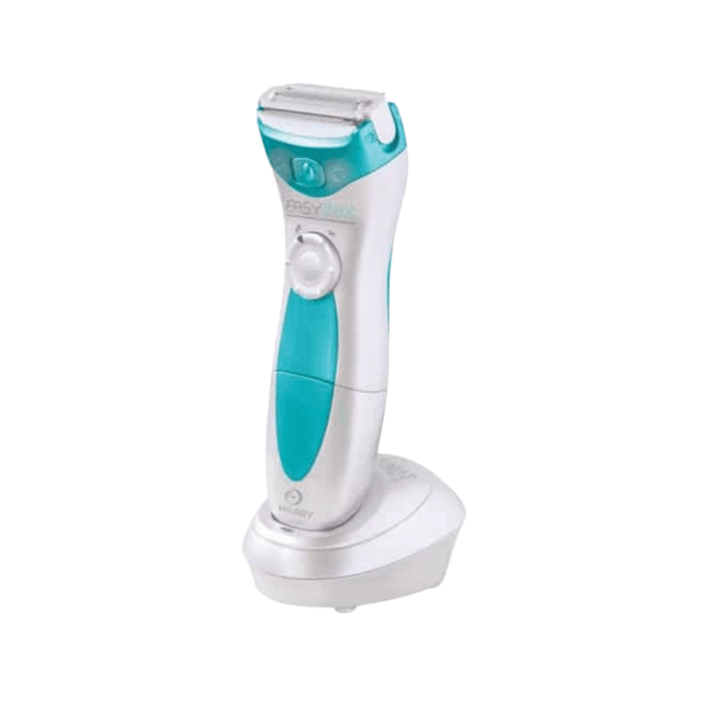 Rasoir électrique rechargeable pour femme Easy Max Rasoir électrique rechargeable pour femme Easy Max avec tête à grille, blanc et turquoise, conçu pour un rasage doux et précis des peaux sensibles.