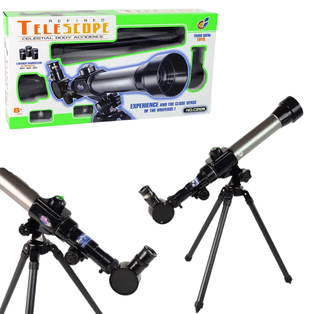 Refined Telescope - Celestial Body Accidence (2) Télescope jouet "Refined Telescope Celestial Body Accidence" Chang Sheng Toys C2105 avec trépied, montrant le produit et son emballage. Grossissements 20x, 30x, 40x.