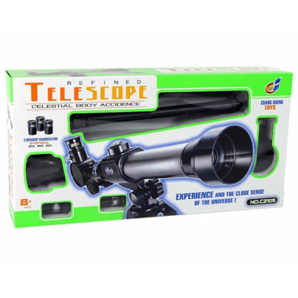 Refined Telescope Celestial Body Accidence" Chang Sheng Toys C2105 avec trépied, montrant le produit et son emballage. Grossissements 20x, 30x, 40x.