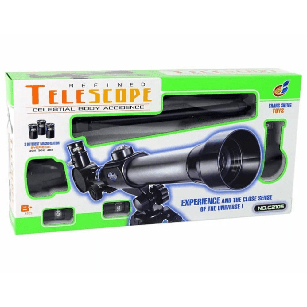 Refined Telescope - Celestial Body Accidence Refined Telescope Celestial Body Accidence" Chang Sheng Toys C2105 avec trépied, montrant le produit et son emballage. Grossissements 20x, 30x, 40x.
