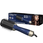 Brosse soufflante SOKANY 3 en 1 bleu et noir avec poils rotatifs, idéale pour sécher, lisser et donner du volume aux cheveux.