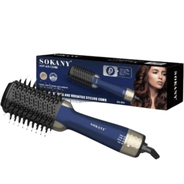 Brosse soufflante SOKANY 3 en 1 bleu et noir avec poils rotatifs, idéale pour sécher, lisser et donner du volume aux cheveux.