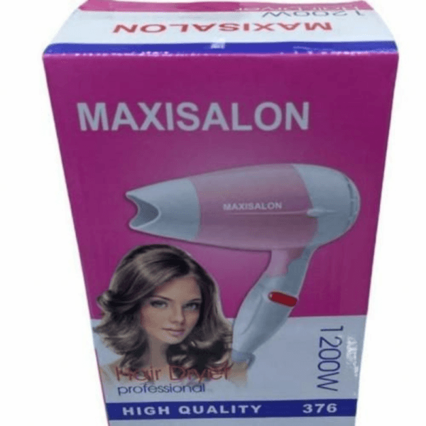 Sèche-cheveux MAXISALON Professional 1200W rose et blanc, compact et pliable, avec concentrateur pour coiffage précis.