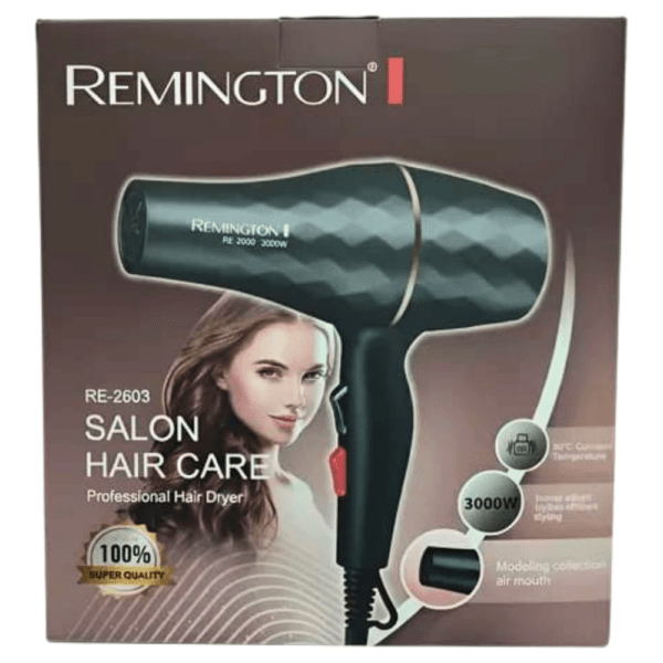 Boîte d'emballage du sèche-cheveux Remington RE-2603 de 3000W, noir, avec une mannequin.