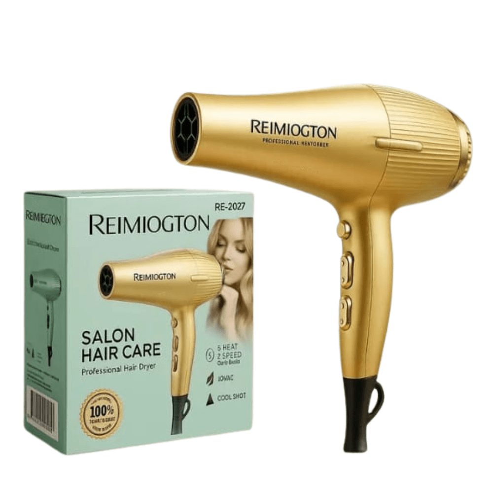 Sèche-cheveux Professionnel REIMIOGTON RE-2027 (2) Sèche-cheveux professionnel REIMIOGTON RE-2027 de couleur or, posé à côté de sa boîte verte avec les indications 5 Heat, 2 Speed, et IONAC.