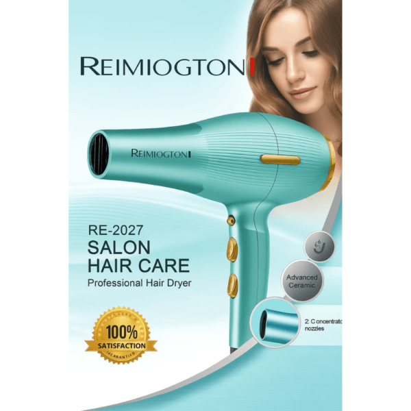Sèche-cheveux professionnel REIMIOGTON RE-2027 , posé à côté de sa boîte verte avec les indications 5 Heat, 2 Speed, et IONAC.