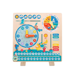 Boîte d'un jouet éducatif en bois "Dinosaur Calendar Board" pour enfants de 3 ans et plus, montrant le tableau calendrier avec horloge, jours, dates, saisons et météo, et le produit déballé au premier plan.