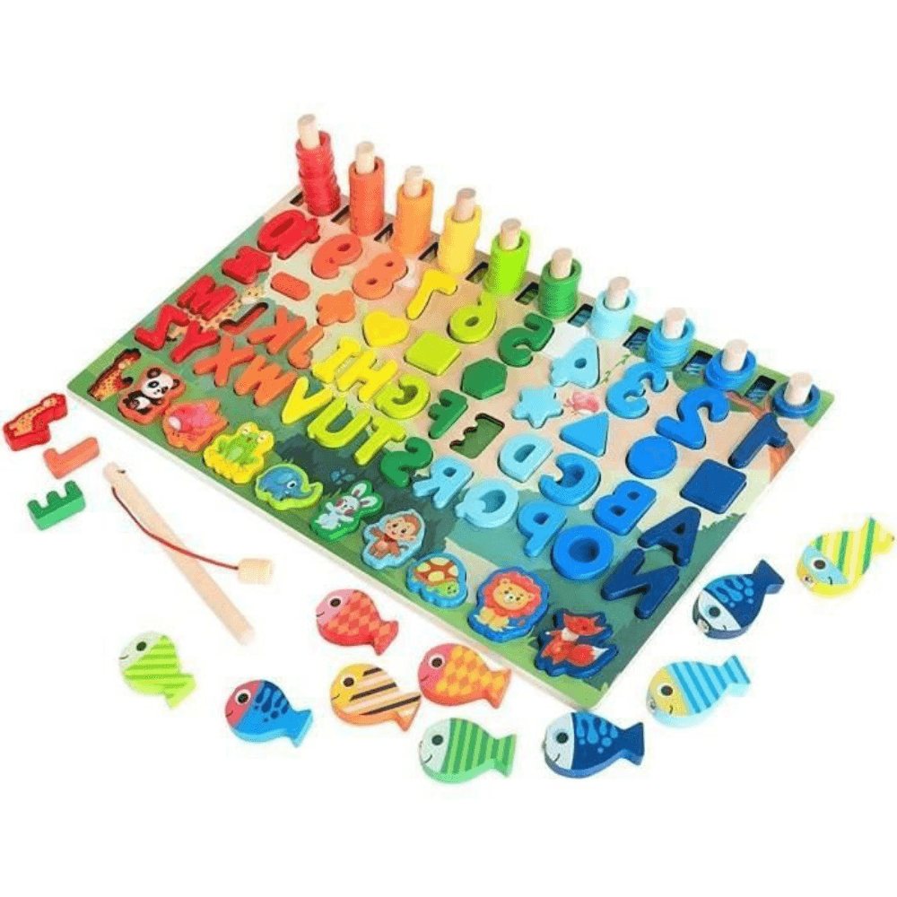 Tableau Montessori de Journal de Dinosaure (2) Puzzle d'apprentissage en bois Mdoole Dinosaur Log Board, montrant les pièces encastrables pour l'alphabet (A-Z), les chiffres (1-10) et les formes de dinosaures, avec un jeu de pêche magnétique.