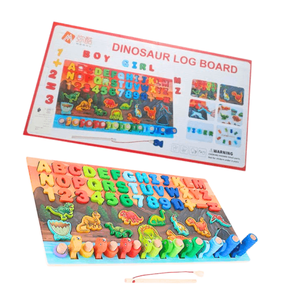 Tableau Montessori Puzzle d'apprentissage en bois Mdoole Dinosaur Log Board, montrant les pièces encastrables pour l'alphabet (A-Z), les chiffres (1-10) et les formes de dinosaures, avec un jeu de pêche magnétique.