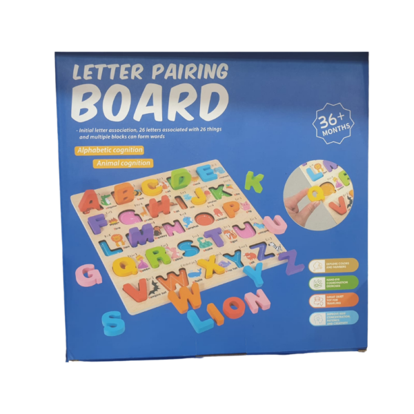 Puzzle alphabet éducatif 'Letter Pairing Board' (Tableau d'Appariement de Lettres), montrant le contenu et ses bénéfices.