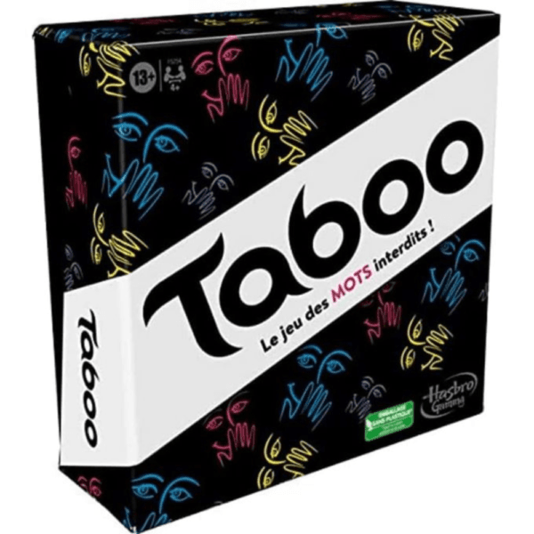 Boîte du jeu de société Taboo, le jeu des mots interdits, édition française de Hasbro Gaming. L'emballage est noir avec des motifs de mains et de visages stylisés aux couleurs vives (néon rose, jaune, bleu) et une bande blanche diagonale avec le titre "Taboo" en grandes lettres noires et la mention "Le jeu des MOTS INTERDITS !". Le logo 13+ est visible.