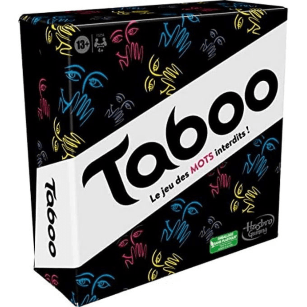 Taboo - Le jeu des mots interdits ! Boîte du jeu de société Taboo, le jeu des mots interdits, édition française de Hasbro Gaming. L'emballage est noir avec des motifs de mains et de visages stylisés aux couleurs vives (néon rose, jaune, bleu) et une bande blanche diagonale avec le titre "Taboo" en grandes lettres noires et la mention "Le jeu des MOTS INTERDITS !". Le logo 13+ est visible.