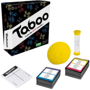 Boîte du jeu de société Taboo, le jeu des mots interdits, édition française de Hasbro Gaming. L'emballage est noir avec des motifs de mains et de visages stylisés aux couleurs vives (néon rose, jaune, bleu) et une bande blanche diagonale avec le titre "Taboo" en grandes lettres noires et la mention "Le jeu des MOTS INTERDITS !". Le logo 13+ est visible.
