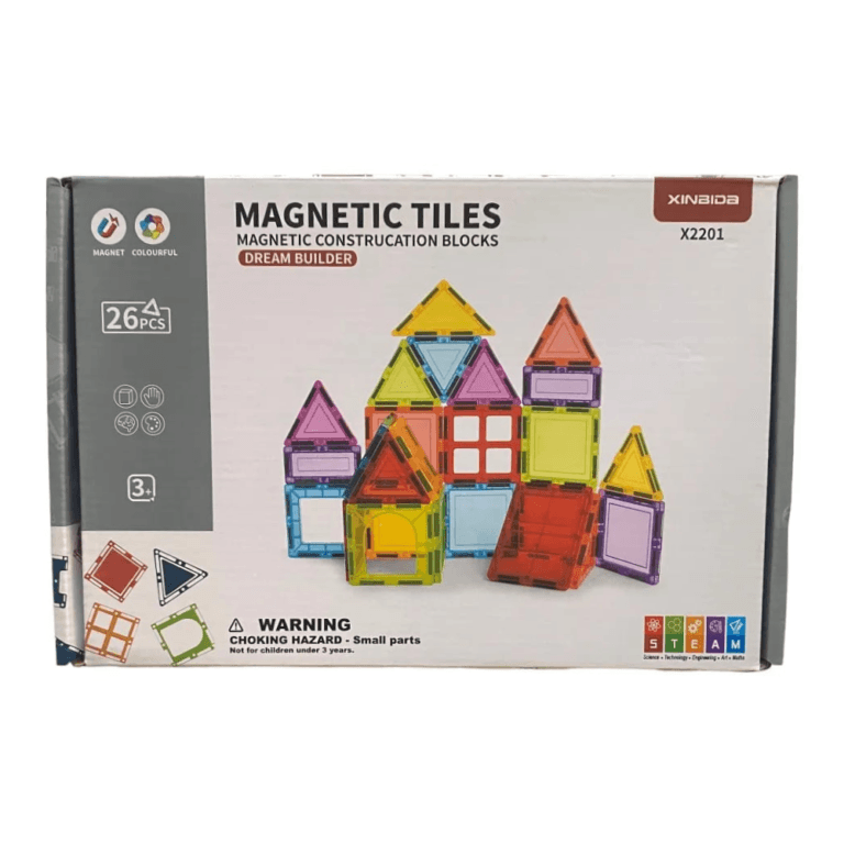 Tuiles Magnétiques XINBIDA avec tuiles magnétiques – 46 pièces colorées et illustrées, modèle X2301 pour enfants.